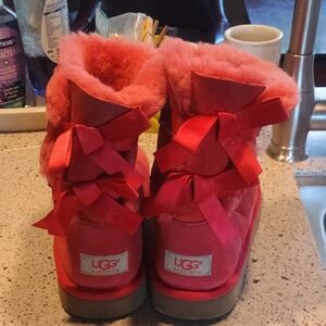 UGG Kids Bright Pink Bow Back Suede Shearling Boots